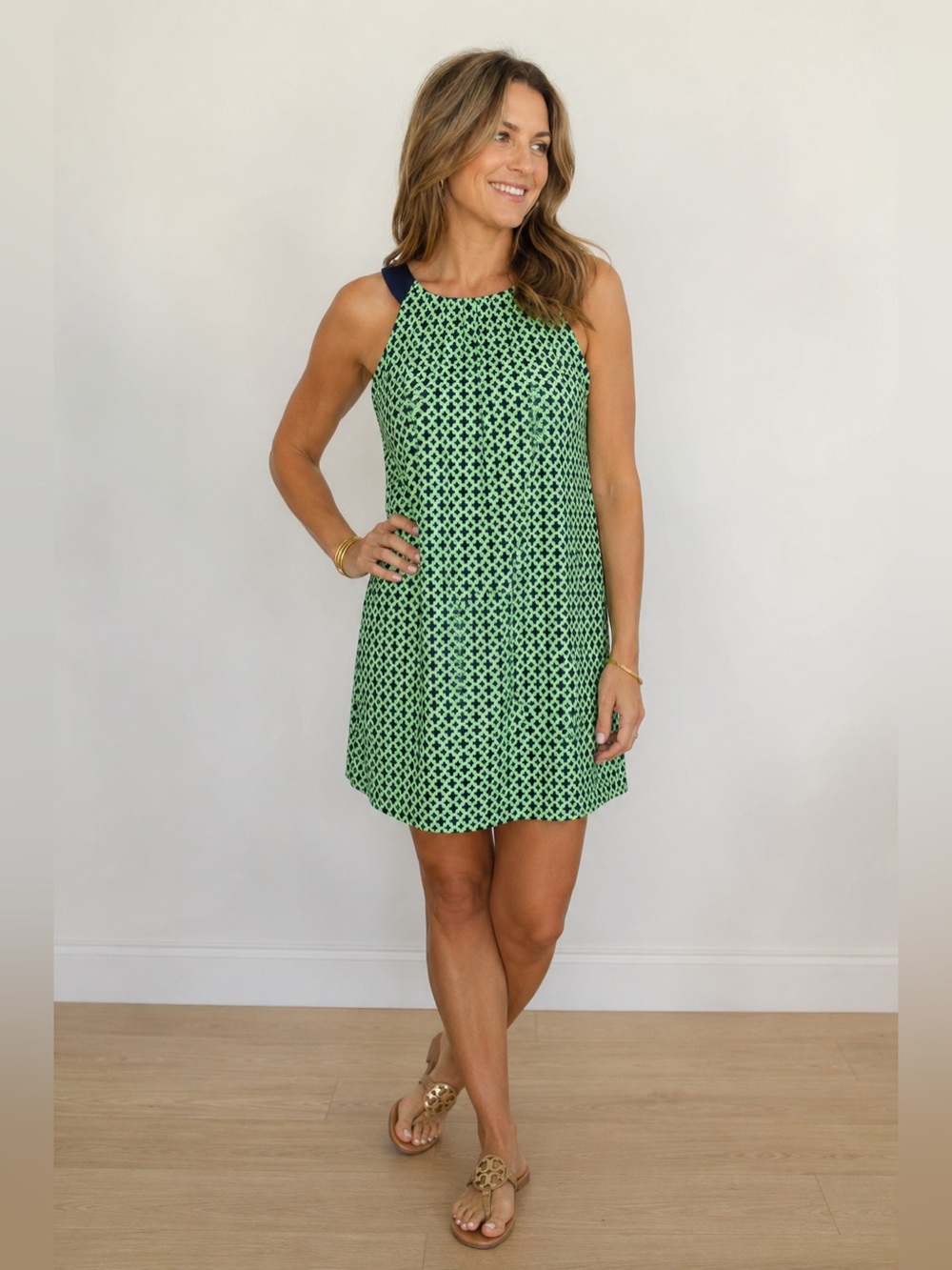 Tracy Negoshian Navy Blue and Green Print Sleeveless Dress